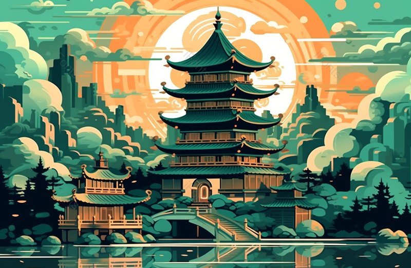 落日前的中国风古建筑场景中国古典插画背景,插画/手绘图,插画/手绘图库,插画/手绘图下载,插画/手绘